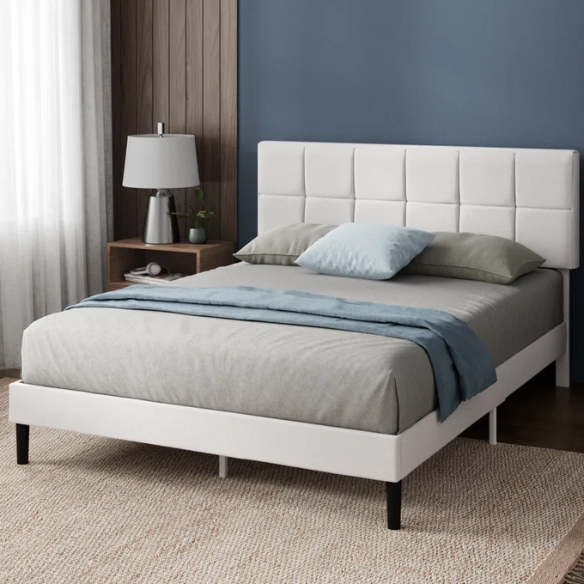 Modern King Size Upholstered Low Profile Platform Bed – Square-Tufted Headboard, Durable Steel Frame