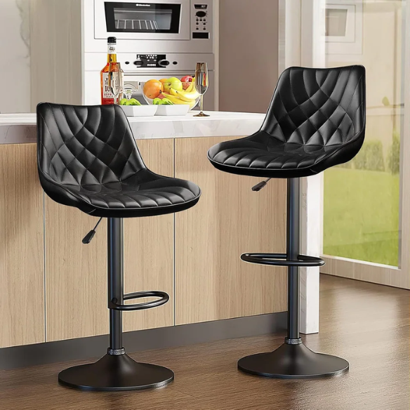 Set of 2 Adjustable Height Swivel Bar Stools with Back – Mid-Century Modern Design, Polished Chrome Base, Ergonomic Imitation Leather Seat, 360° Rotation for Kitchen Island or Bar