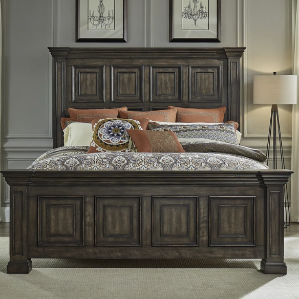 4-Piece Panel Bed, Dresser, Mirror & Nightstand Set with Antique Pewter Accents and Charging Station – Distressed Whitestone Finish, Rubberwood Solids, and Architectural Det