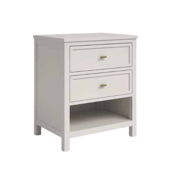 2-Drawer Nightstand – Traditional Solid Wood Frame with Inset Paneling, Neutral Finish, Gold Coastal-Inspired Drawer Pulls, Clean Lines & Spacious Surface for Bedroom Essentials