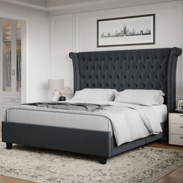 Luxurious Tufted Button Upholstered Wingback Queen Bed with Raised Headboard for Ultimate Comfort