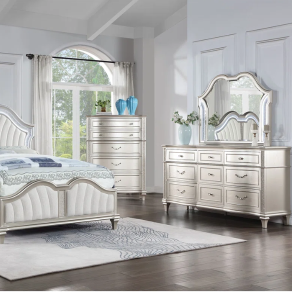 5-Piece Queen Bedroom Set with Silver Oak Finish, LED Lighting, Crystal Accents, and Built-In Storage – Includes Bed, Nightstand, Dresser, Mirror, and Chest