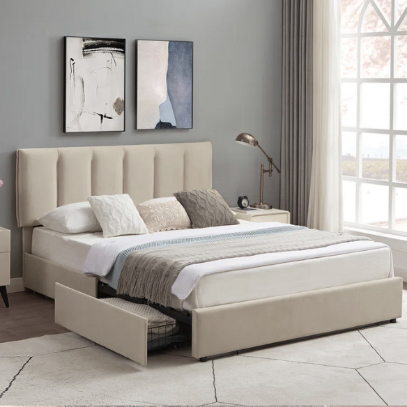 Velvet Upholstered Queen Size Platform Bed with Adjustable Headboard and 4 Storage Drawers