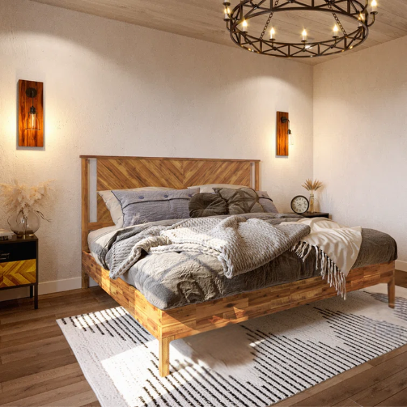Solid Wood Platform King Size Bed with Headboard and Sturdy Steel Frame, Rustic Design