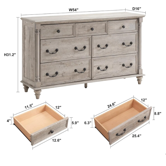 Farmhouse 7-Drawer Rustic Dresser with Two Drawer Sizes, Perfect for Bedroom or Living Room Storage