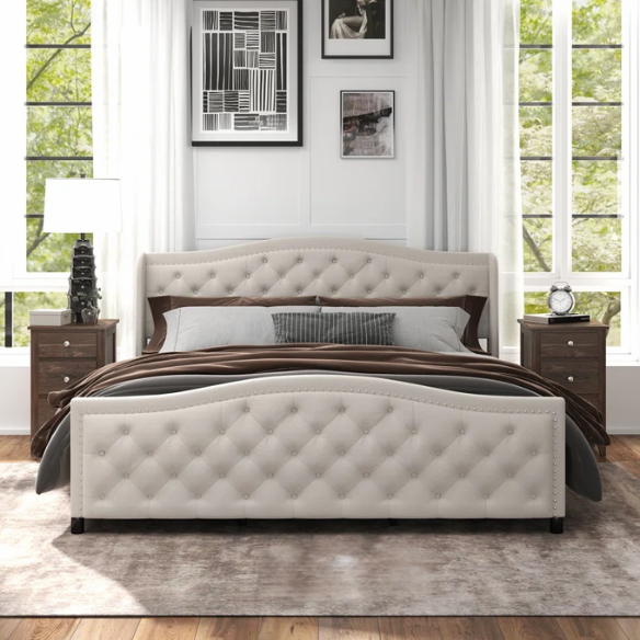 Luxurious King Size Velvet Upholstered Platform Bed with Tufted Camelback Headboard, Nailhead Trim, and 4 Built-In Storage Drawers – Stylish and Functional Bedroom Upgrade