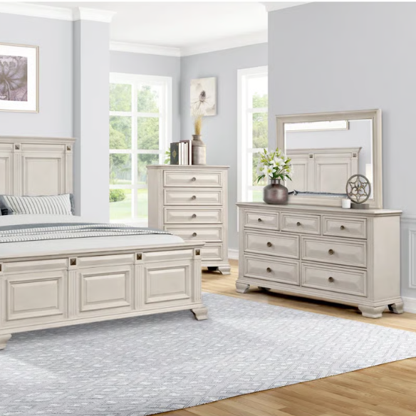 5-Piece King Bedroom Set – Solid Wood Construction with Muted Silver Accents, Fluted Pilasters, French Bracket Foot Bases, and Elegant Dovetail Drawer Detailing for Timeless Sophistication