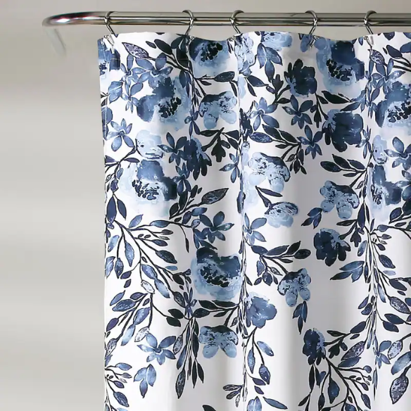 Navy Blue and Grey Floral Vine Shower Curtain – Shabby Chic Farmhouse Style, 72" x 72"