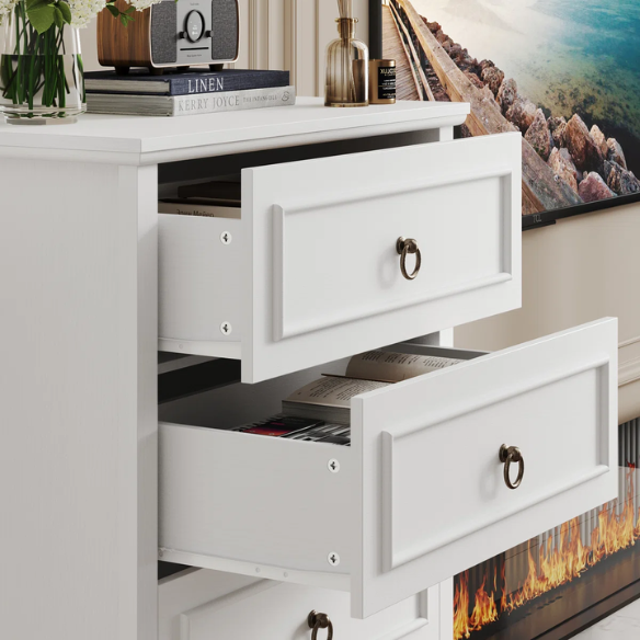 French Country-Inspired 5-Drawer Chest with Metal Ring Handles, Paneled Detailing, and Classic Crown Molding