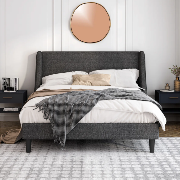 Modern Queen Size Upholstered Platform Bed with Deluxe Wingback and Linen Blend Fabric