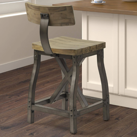 Retro Counter Stool with Back – Vintage Industrial Design, Solid Wood Seat, Antique Silver Metal Finish, and Removable Backrest for Versatile Seating