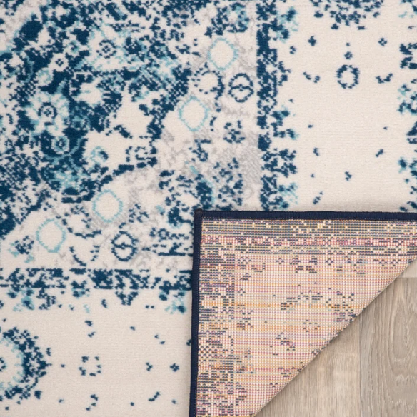 Distressed Oriental-Inspired Indoor Rug – Blue and White Medallion Pattern, Stain-Resistant, Fade-Resistant, Perfect for Traditional & French Country Décor