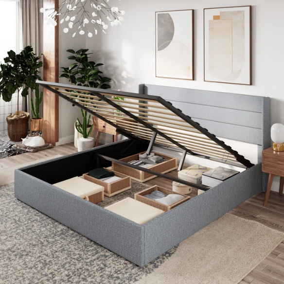 Modern King Size Upholstered Platform Bed with Hydraulic Lift Storage – Sleek Grooved Headboard, Space-Saving Design, and No Box Spring Needed
