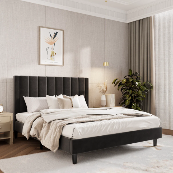 Luxurious Upholstered Platform Bed – Full/Double Size with Velvet Upholstery and Striped Headboard for Elegant Comfort