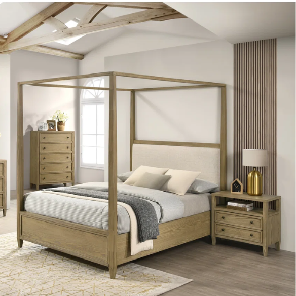 3-Piece Light Brown Upholstered Canopy Platform Bedroom Set – Elegant, Cozy Retreat with Rustic Charm and Modern Design