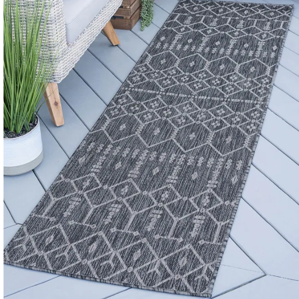 Boho-Inspired Charcoal & Light Grey Geometric Rug – Fade & Stain-Resistant, Low-Pile, Perfect for High-Traffic Indoor/Outdoor Spaces