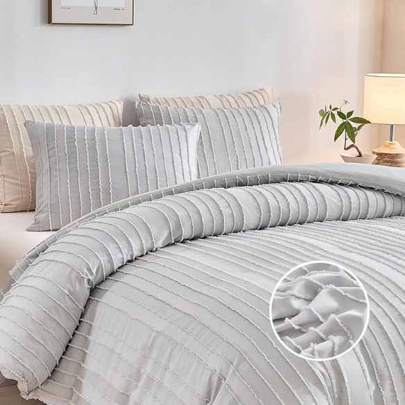 Luxurious Tufted Duvet Cover Set – Queen Size | Striped Textured Boho Bedding | Ultra-Soft Washed Microfiber | 3-Piece Set