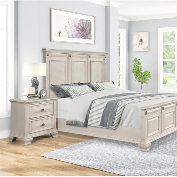 Distressed Parchment Wood Bedroom Set with Panel Bed, Dresser, Mirror, and Nightstand, Featuring Silver Accents and Fluted Pilasters
