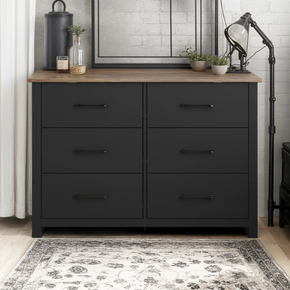 Modern 6-Drawer Double Dresser with Flared Feet and Sleek Black Metal Handles