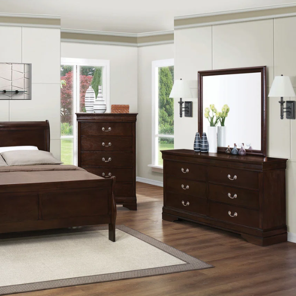 5-Piece Bedroom Set – Traditional Style with Flared Headboard, Dovetail Construction, Silver Bail Handles, and Spacious Storage – Crafted from Select Hardwoods and Veneers in a Warm Cappuccino Finish – Includes Bed, Nightstand, Dresser, Chest, and Mirror