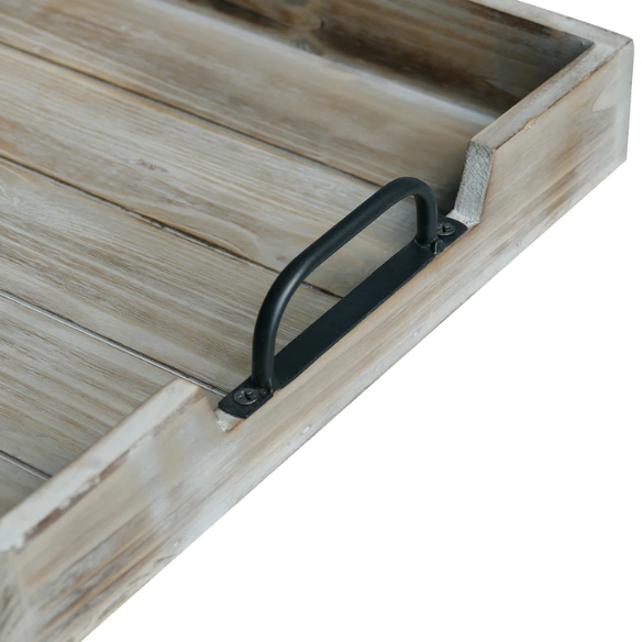 Rustic Wooden Coffee Table Tray with Handle Slots – Farmhouse-Inspired Accent for Stylish Organization and Decor