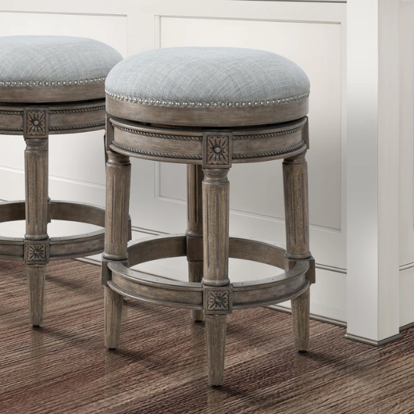 Backless Swivel 26" Counter-Height Bar Stool – Elegant Linen Upholstery with Nail Head Trim, 360-Degree Swivel, and Metal Footrest for Stylish Kitchen or Bar Seating