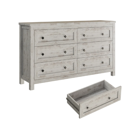 6-Drawer Dresser – A Perfect Blend of Rustic Charm and Industrial Elegance, Featuring a Clean-Lined Silhouette and Weathered Finish. Crafted from Solid and Engineered Wood