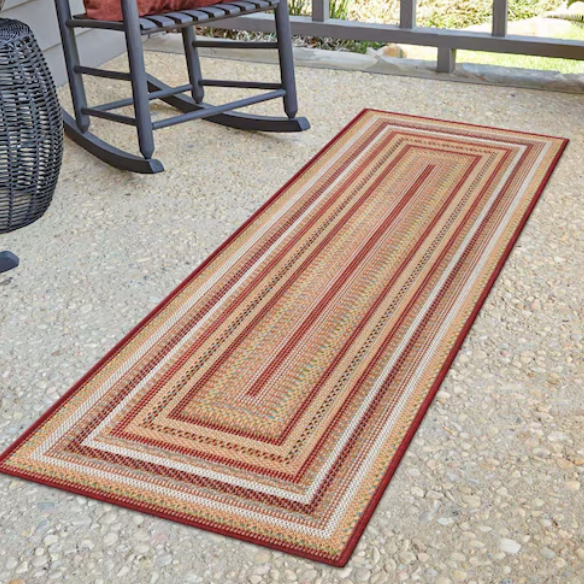 Coastal-Inspired Geometric Rug – Fade & Stain-Resistant, Burgundy,Ivory,Orange,Green,Blue Pattern, Ideal for Indoor/Outdoor Use