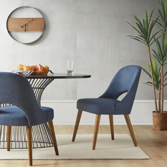 Textured Fabric Dining Side Chairs (Set of 2) – Solid Wood Frame with Mediterranean or Pecan Finish, High-Density Foam Fill & Rounded Back Design
