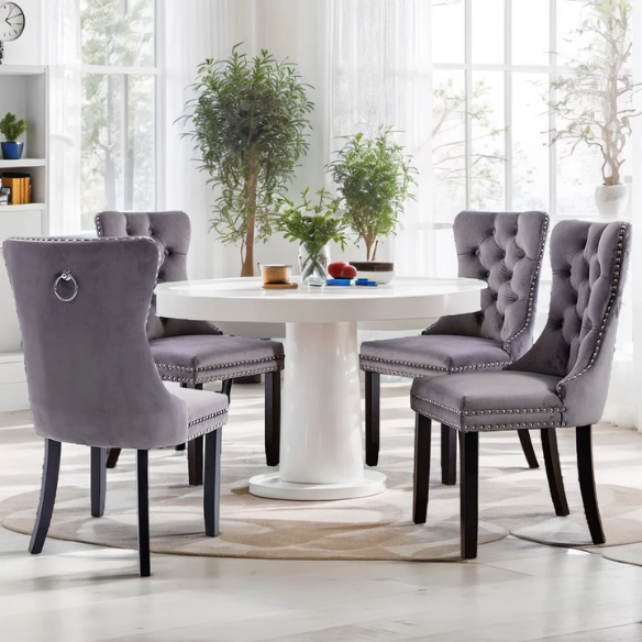 Upholstered Tufted Dining Chairs with Curved Back & Nailhead Detail – Set of 2
