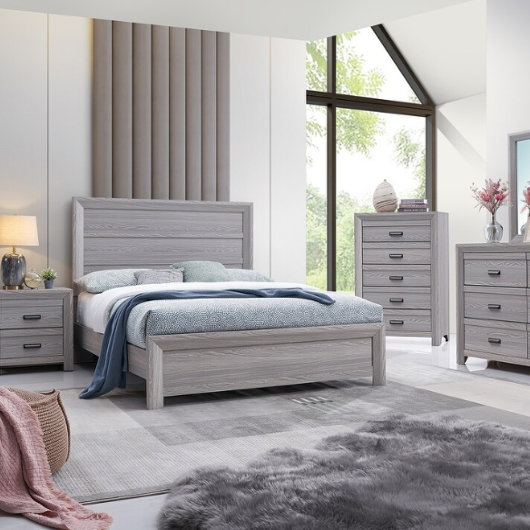 Contemporary Gray Panel Queen Bedroom Set – Bed, Dresser, Mirror & Nightstand