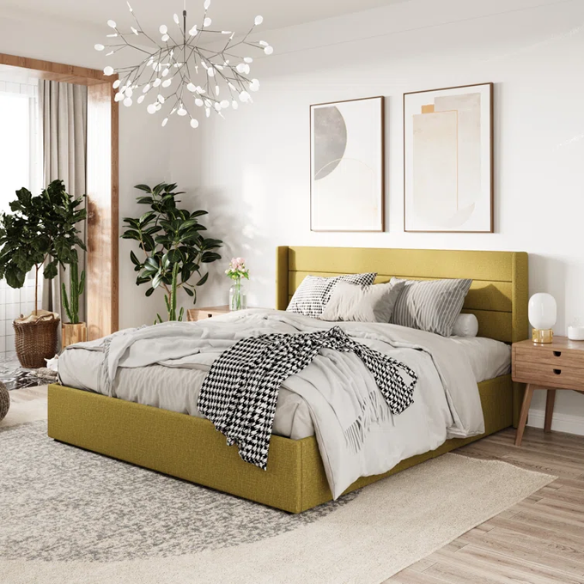 Modern King Size Upholstered Platform Bed with Hydraulic Lift Storage – Sleek Grooved Headboard, Space-Saving Design, and No Box Spring Needed