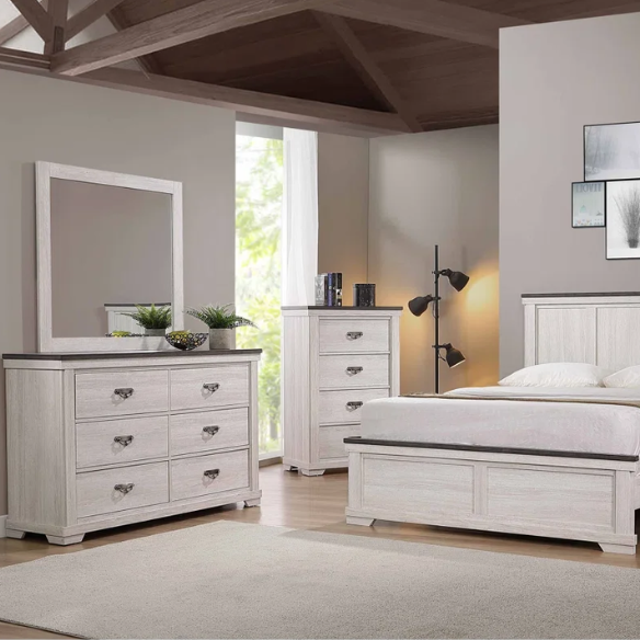 Luxurious Rustic Solid Wood 5-Piece Twin Bedroom Set: Cream & Brown Panel Bed, Dresser, Mirror, Nightstand, and Chest