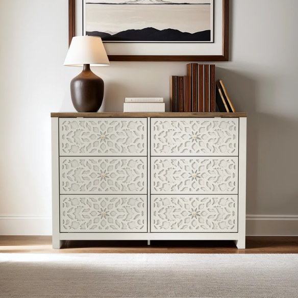 Boho-Inspired 45.4" 6-Drawer Dresser with Distressed Finish and Openwork Floral Details