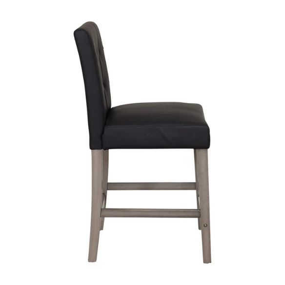 Upholstered 25" Counter Height Bar Stool – Modern Farmhouse Design with Tufted Back, Foam Padded Seat, Washed Grey Solid Wood Legs, and Durable Steel Footrest