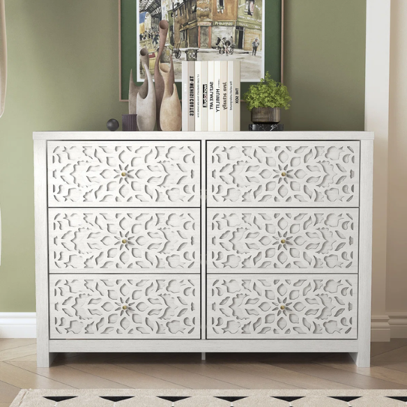 Boho-Inspired 45.4" 6-Drawer Dresser with Distressed Finish and Openwork Floral Details