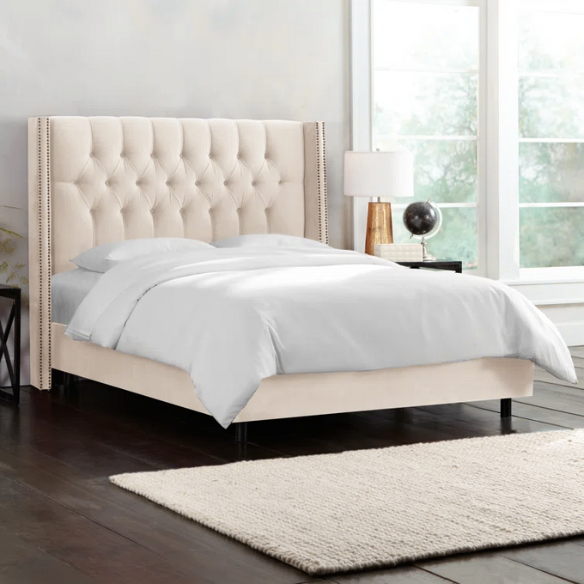 Timeless Upholstered Wingback King Size Bed with Button Tufting and Nailhead Trim