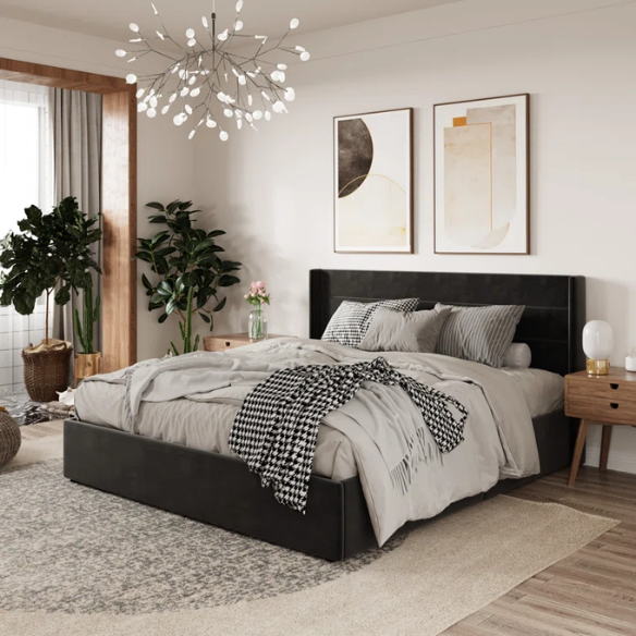 Modern King Size Upholstered Platform Bed with Hydraulic Lift Storage – Sleek Grooved Headboard, Space-Saving Design, and No Box Spring Needed