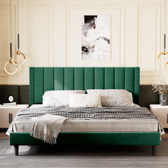 King Size Upholstered Platform Bed with Velvet Headboard, Foam Padding, and Noise-Free Construction for Ultimate Comfort