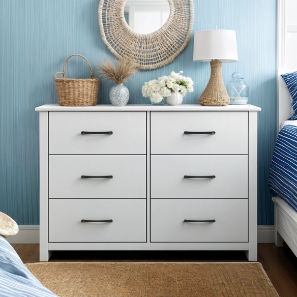 Modern 6-Drawer Double Dresser with Flared Feet and Sleek Black Metal Handles