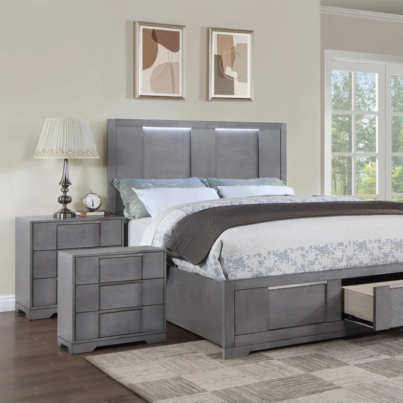 Modern 5-Piece Grey Wood Storage Platform Bedroom Set with LED Headboard Lights and Dovetail Drawers