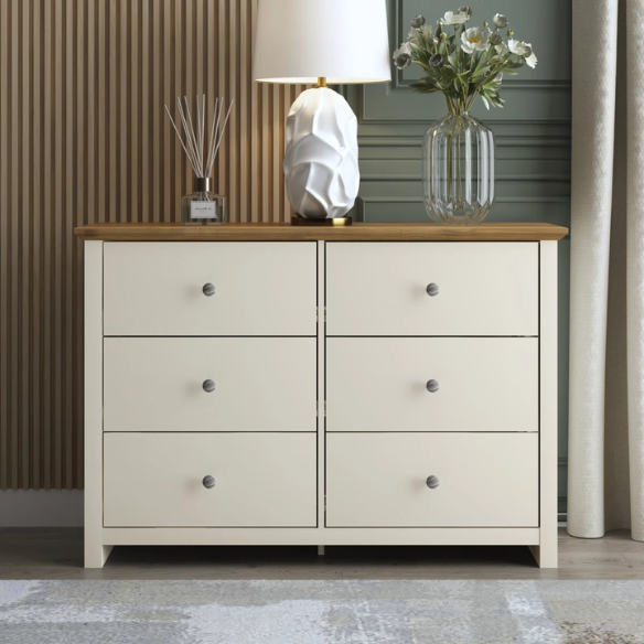 Modern 6-Drawer Double Dresser with Angled Sled Legs and Round Metal Hardware
