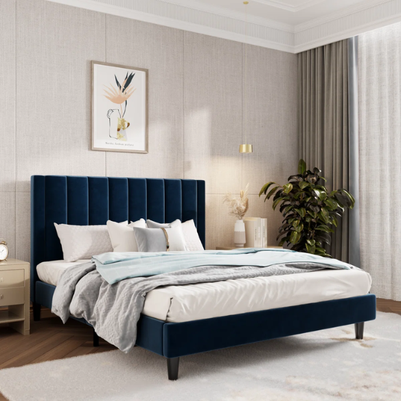 Luxurious Upholstered Platform Bed – Full/Double Size with Velvet Upholstery and Striped Headboard for Elegant Comfort