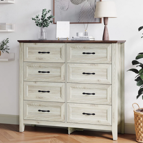 French Country-Inspired 8-Drawer 47.3" Double Dresser with Rustic Finish, Crown Molding, and Tapered Legs