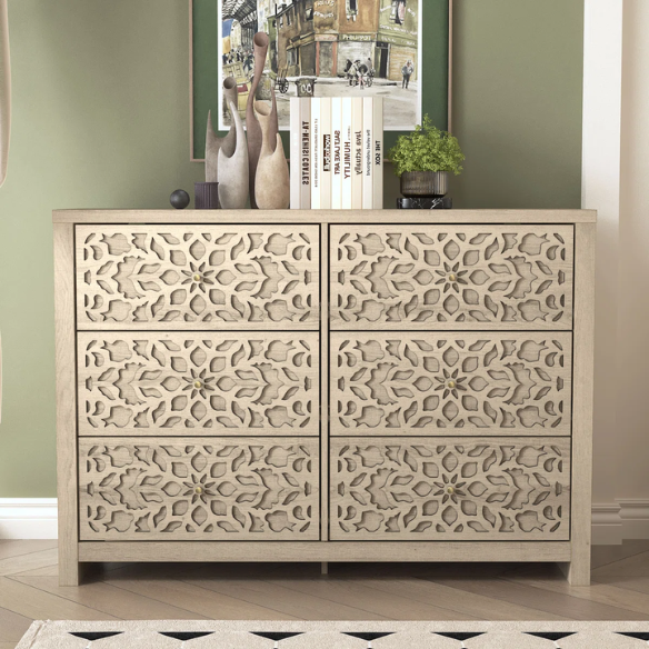 Boho-Inspired 45.4" 6-Drawer Dresser with Distressed Finish and Openwork Floral Details