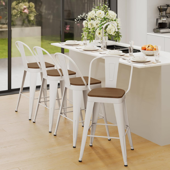Set of 4 Farmhouse Counter Height Bar Stools – Rustic Industrial Style with Removable Backrest, Heavy-Duty Steel Frame, and Scratch-Resistant Finish