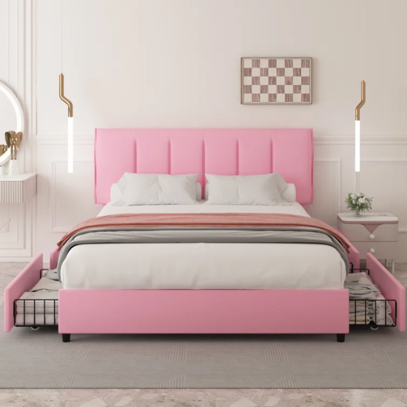 Velvet Upholstered Queen Size Platform Bed with Adjustable Headboard and 4 Storage Drawers