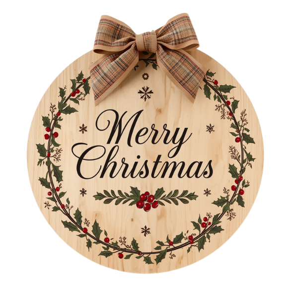 Round Wooden Christmas Sign with Holly Wreath