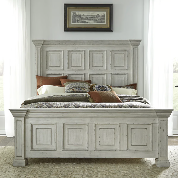4-Piece Panel Bed, Dresser, Mirror & Nightstand Set with Antique Pewter Accents and Charging Station – Distressed Whitestone Finish, Rubberwood Solids, and Architectural Det