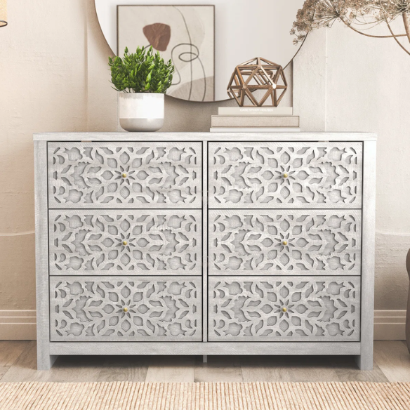 Boho-Inspired 45.4" 6-Drawer Dresser with Distressed Finish and Openwork Floral Details
